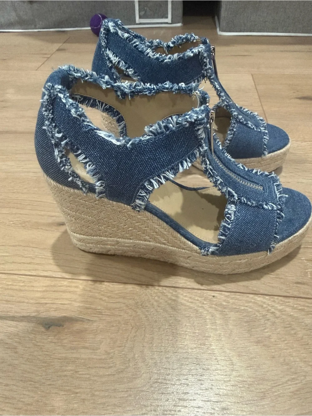 Michael Kors Frayed Denim Zip Espadrille Wedges - Blue
